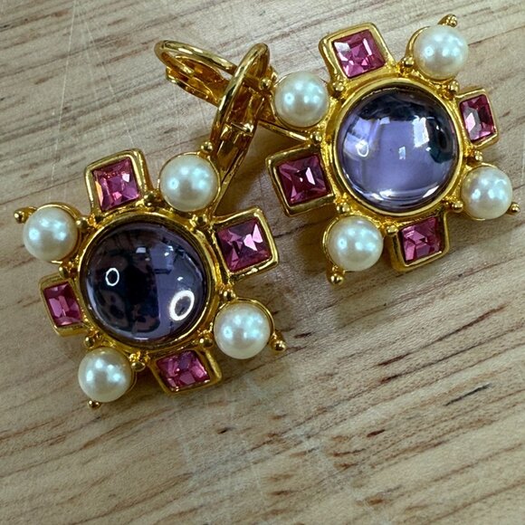 Joan Rivers Vintage Gold-Plated Earrings With Faux Pearl & Pink Crystal Accents - Picture 2 of 9